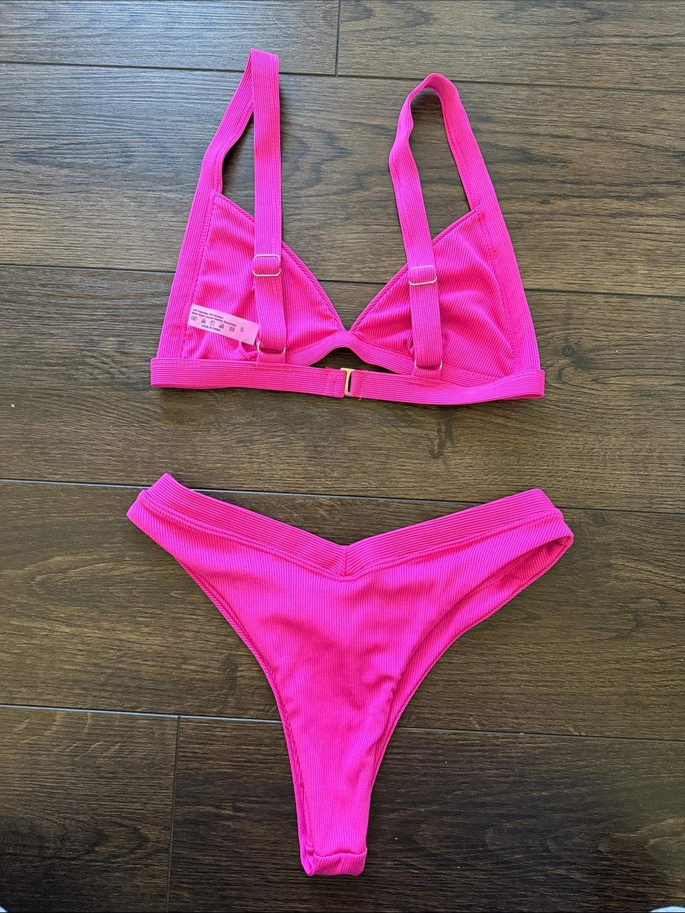 ROMWE Neon Pink Ribbed Two-Piece Bikini - Picture 2 of 3